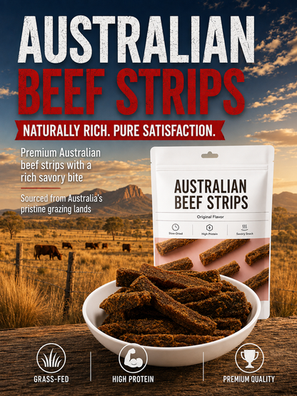 🇦🇺Australian Beef Jerky Strips  – Premium Slow-Dried High-Protein Beef Snack 💪 Supports Muscle Strength • 🍽️ Helps Keep You Satisfied • ⚡ Supports Daily Energy • 🩸 Heme Iron for Oxygen Transport