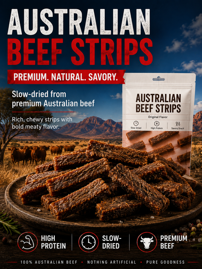🇦🇺Australian Beef Jerky Strips  – Premium Slow-Dried High-Protein Beef Snack 💪 Supports Muscle Strength • 🍽️ Helps Keep You Satisfied • ⚡ Supports Daily Energy • 🩸 Heme Iron for Oxygen Transport