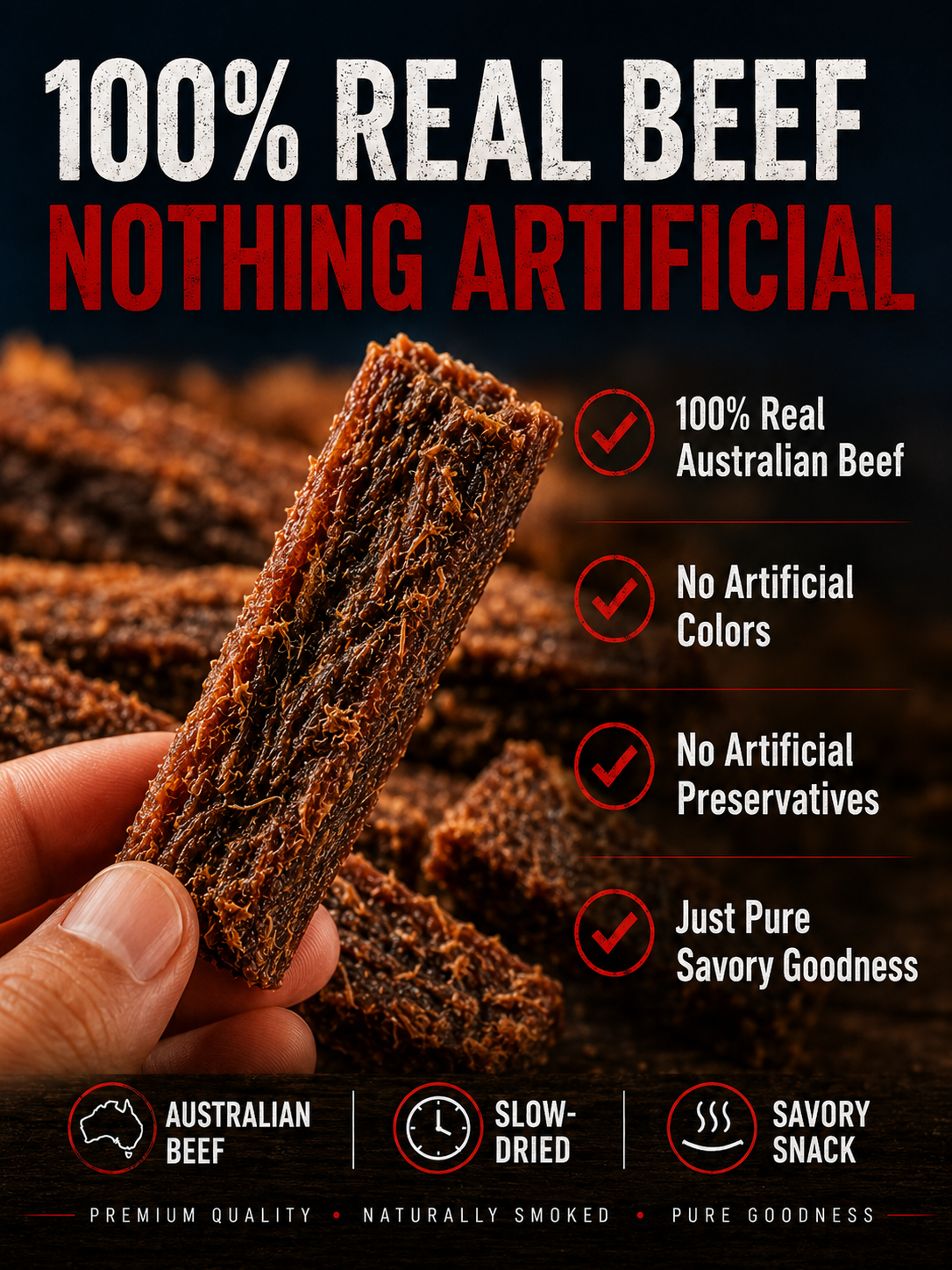 🇦🇺Australian Beef Jerky Strips  – Premium Slow-Dried High-Protein Beef Snack 💪 Supports Muscle Strength • 🍽️ Helps Keep You Satisfied • ⚡ Supports Daily Energy • 🩸 Heme Iron for Oxygen Transport