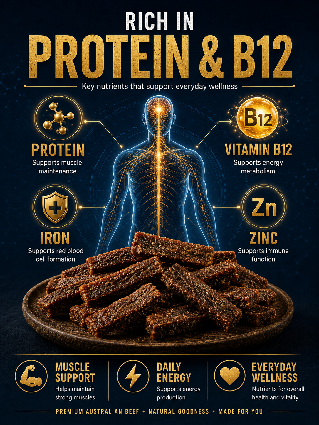 🇦🇺Australian Beef Jerky Strips  – Premium Slow-Dried High-Protein Beef Snack 💪 Supports Muscle Strength • 🍽️ Helps Keep You Satisfied • ⚡ Supports Daily Energy • 🩸 Heme Iron for Oxygen Transport